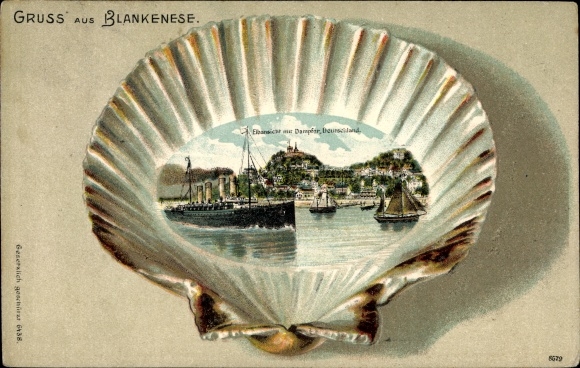Embossed Shell Chromo-Litho Hamburg Altona Blankenese, view of the Elbe with steamer Germany