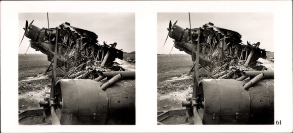 Stereo spatial image photo "The Battle in the West" No. 61, Destroyed fighter plane after German bombing raid