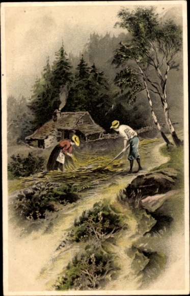 Ak Bauern bei der Arbeit, Landwirtschaft, Wohnhaus