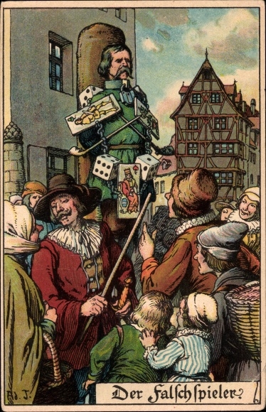 Kunstenaar litho Jodolfi, De kaartenscherp, schandpaal