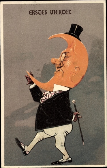 Ak First Quarter, Moon Humanized, Moon Face, Crescent Moon, Top Hat, Monocle, Cane