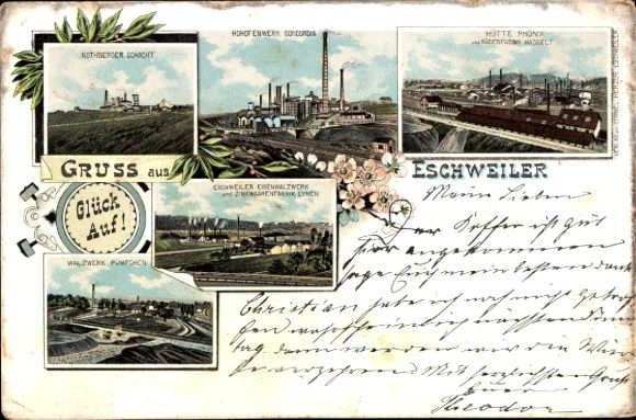 Chromo-Litho Eschweiler North Rhine Westphalia, general view, huts, good luck