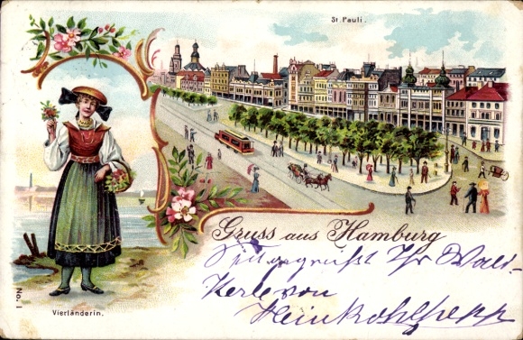 Chromo-Litho Hamburg Mitte St. Pauli, Vierländerin, street scene