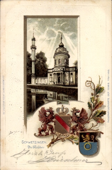 Embossed Coat of Arms Passepartout Chromo-Litho Schwetzingen in Baden, The Mosque