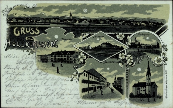 Moonlight litho wooden churches in the Miesbach district of Upper Bavaria, train station, Taubenberg, Oberbräu