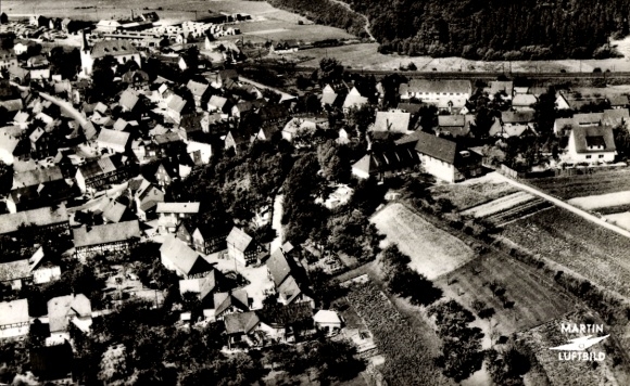 PC Burbach in North Rhine-Westphalia, aerial photo, houses, church, fields