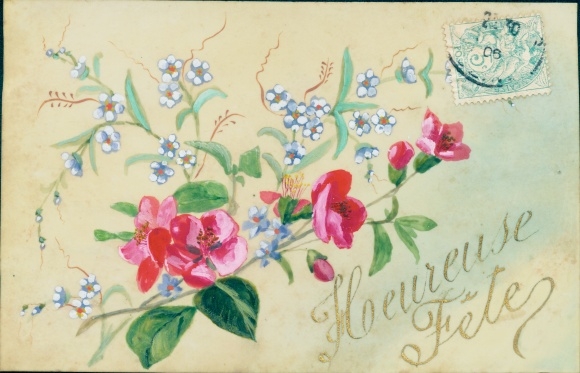 Celluloid PC Congratulations, Heureuse Fete, flowers, forget-me-nots