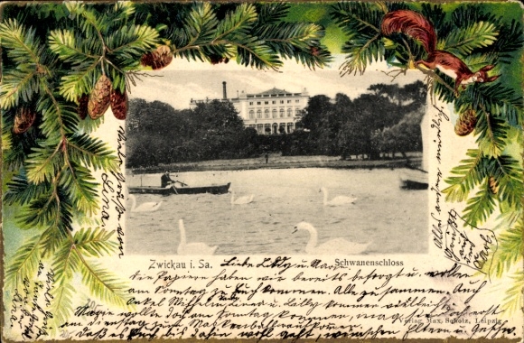 Passepartout Postcard Zwickau in Saxony, Swan Castle, Squirrel, Fir
