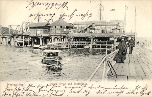 Postcard Ostseebad Heringsdorf on Usedom, front view from the jetty, bathing opportunities, people