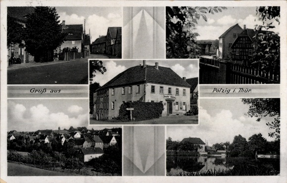 Postcard Pölzig in Thuringia, Restaurant Erholung, partial views