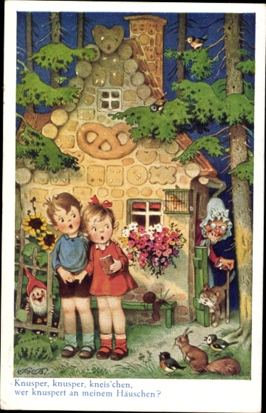 Künstler Ak Baumgarten, Fritz, Hänsel und Gretel, Hexe, Knusper, knusper, kneischen