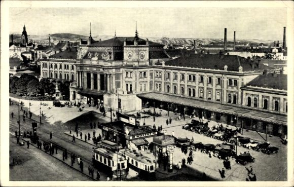 Postcard Brno Brno Region of South Moravia Czech Republic, train station, trams