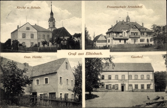 Postcard Elbisbach Frohburg in Saxony, church, school, women's school Arvedshof, inn, house Osw. Hanke
