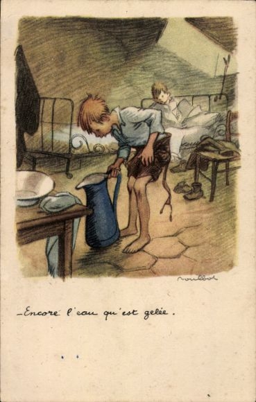 Artist PC Poulbot, Francisque, boys, frozen water in a jug, Ligue Nationale contre le Taudis