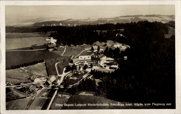 Postcard Scheidegg in Allgäu Swabia, Prince Regent Luitpold Children's Sanatorium, aerial photograph