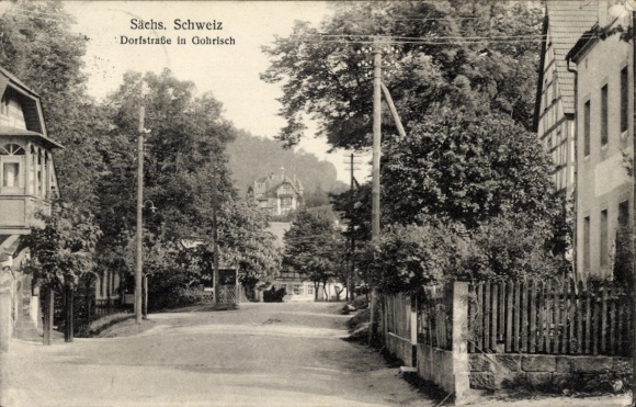 Postcard Gohrisch Saxon Switzerland, village street, landscape, trees, houses