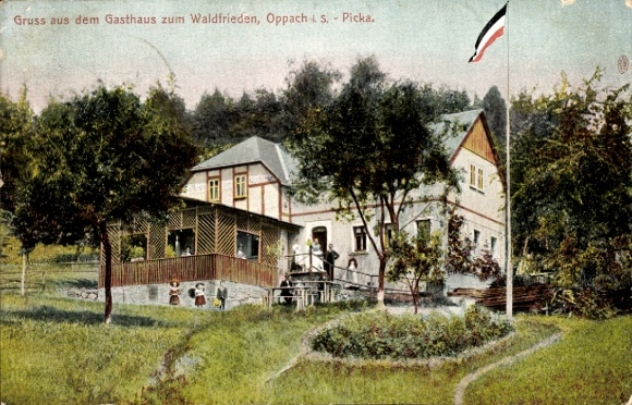 Ak Oppach in Saksen, Gasthaus zum Waldfrieden, buitenaanzicht van de tuin