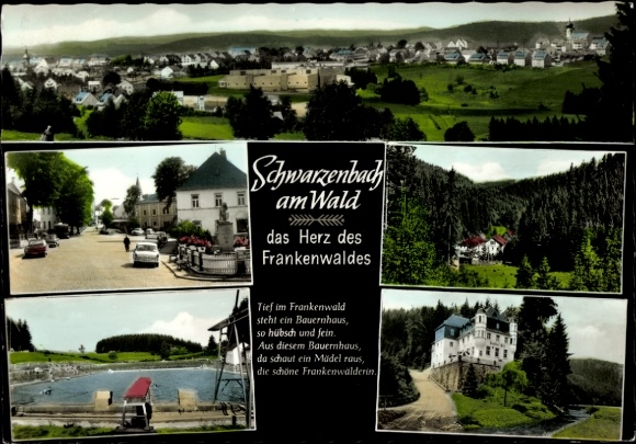 Postcard Schwarzenbach im Frakenwald, town panorama, street section, forest section, swimming pool