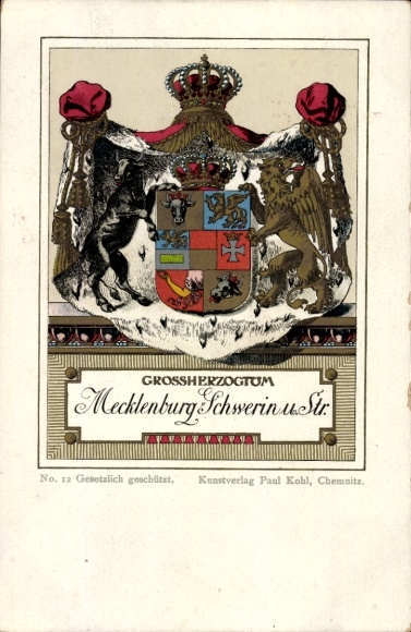 Coat of arms Chromo-Litho Grand Duchy of Mecklenburg Schwerin and Strelitz, Paul Kohl Chemnitz No. 12
