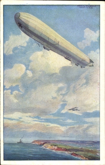 Artist Postcard Schulze, Hans Rudolf, Reichsmarine airship, watch on the German Baltic coast