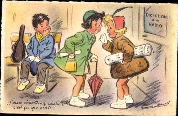 Artist Postcard Bouret, G., Radio, Waiting Children, Girl, Conversation, Boy with Musical Instrument