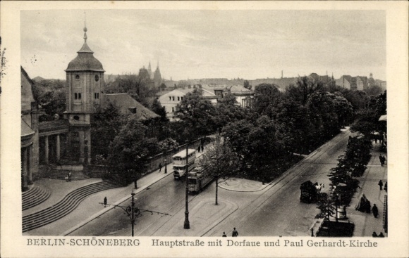 Postcard Berlin Schöneberg, Hauptstraße, Dorfaue, Paul Gerhardt Church, tram, bus