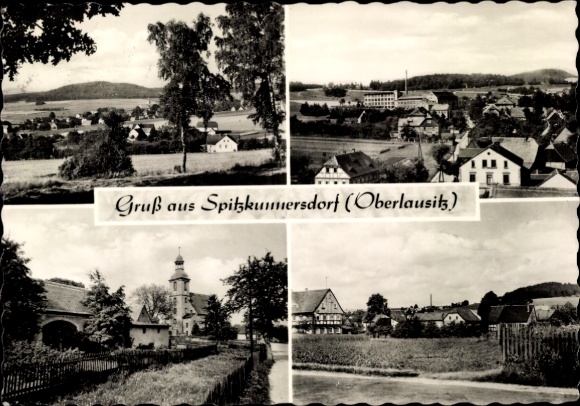 Ak Spitzkunnersdorf Leutersdorf Oberlausitz, algemeen uitzicht, uitzicht over de daken, kerk