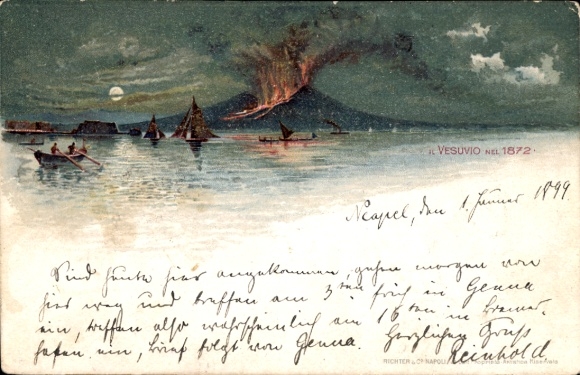 Moonlight Chromo-Litho Napoli Campania, view of the volcano Vesuvius with eruption, moon