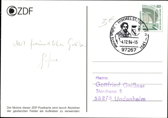 Postcard Mainzelmännchen, ZDF, class television, sticker
