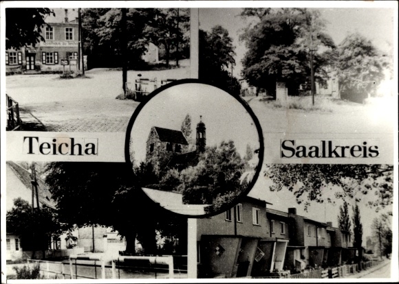 Ak Teicha Petersberg Saalekreis, Schwarz-Weiß-Bilder, Kirche im Zentrum, Wohnhäuser, Bäume