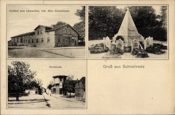Ak Schnellroda Steigra in Saalekreis, Gasthof zum Lämmchen, oorlogsmonument, dorpsstraat, groeten uit