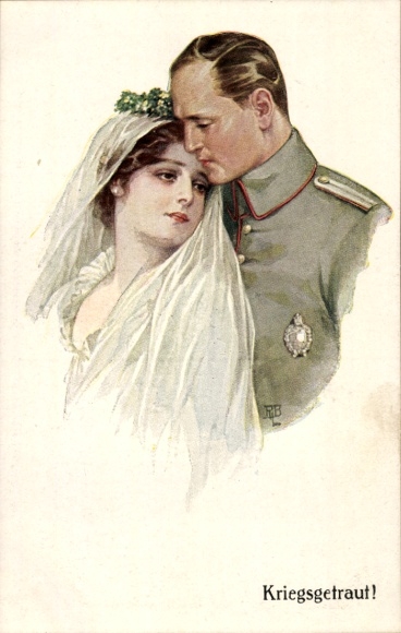 Künstler Ak Kriegsgetraut, Soldat mit Frau, Hochzeitspaar