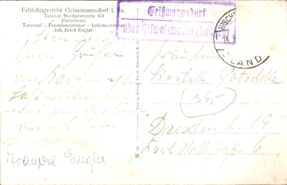KP Geissmannsdorf Geißmannsdorf Bischofswerda, widok ogólny, zajazd Erblehngericht, szkoła