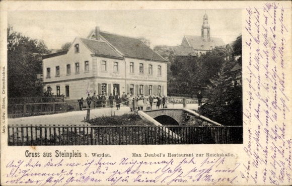Postcard Steinpleis Werdau in Saxony, historic guesthouse, people on the bridge, picturesque surroundings...