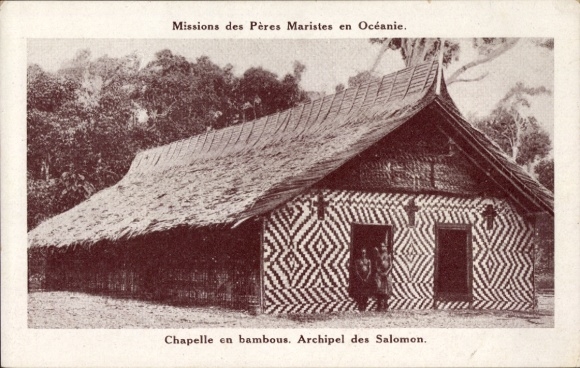 CPA Missions des Peres Maristes en Oceanie, Chapelle en bambous, Archipel des Salomon