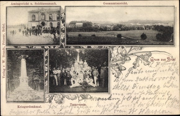 Postcard Brüel in Mecklenburg, district court, rifle club, war memorial, gymnastics club, general view