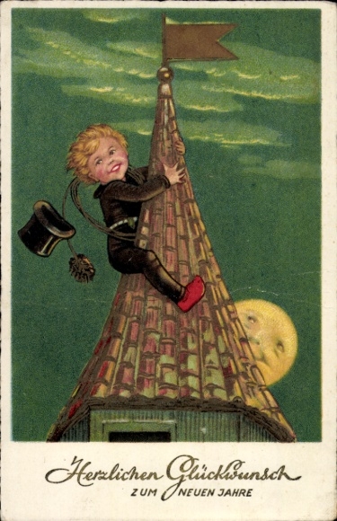 Ak Fröhliches Neujahr, Schornsteinfeger auf einem Dach, Mondgesicht