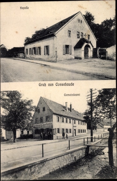 Postcard Dresden Cossebaude, chapel, municipal office, savings bank