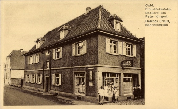 Postcard Haßloch in der Saarpfalz, Cafe, Bakery, Bahnhofstraße