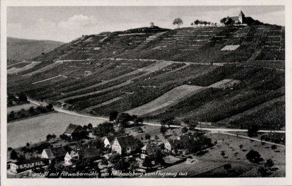 Postcard Treffentrill Cleebronn in Württemberg, Tripsdrill, aerial photograph, Altweibermühle, Michaelsberg
