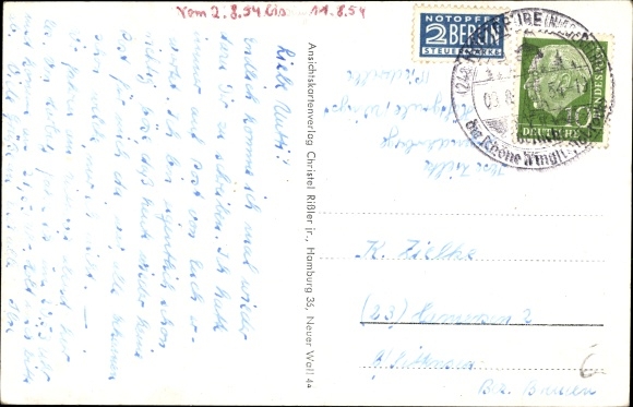 Postcard Wingst in the district of Cuxhaven, youth hostel Waldhof, side houses, forest path