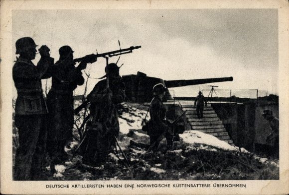 Postcard German artillerymen capture Norwegian position, coastal battery