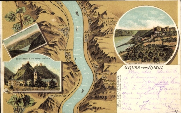 Landkarten Ak St. Goarshausen am Rhein,, Vierseeplatz, Bornhofen und die feindl. Brüder
