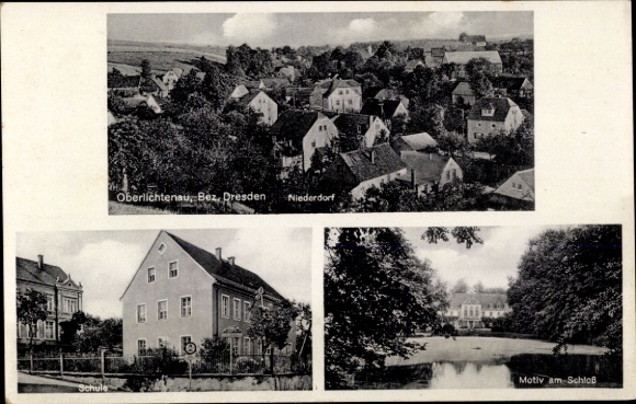 Postcard Oberlichtenau Pulsnitz in Saxony, landscape view, houses, school, castle park, historical A