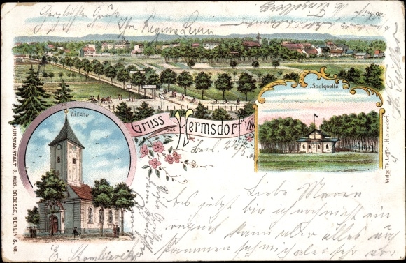 Chromo-Litho Berlin Reinickendorf Hermsdorf, brine source, church, view of the town