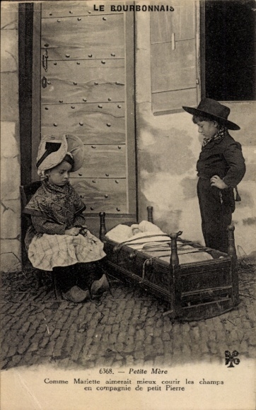 Picture French costume, children as adults, parents, sleeping baby