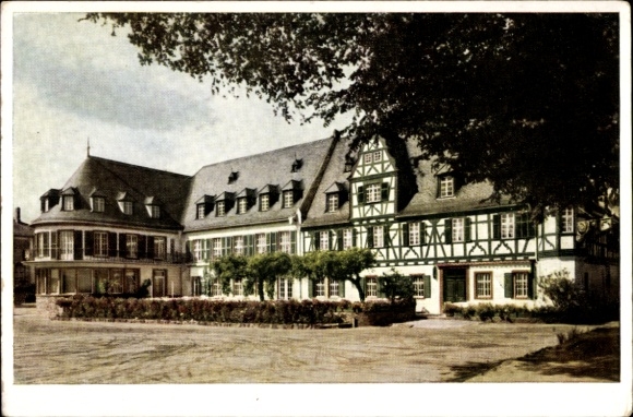 Ak Oestrich Winkel am Rhein Rheingau, Hotel Schwan, r Bau, am Rhein gelegen, 16. Jh.