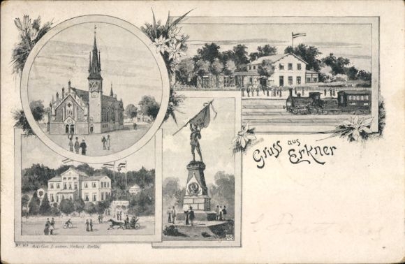Litho Erkner in Brandenburg, Denkmal, Bahnhof, Kirche, Eisenbahn