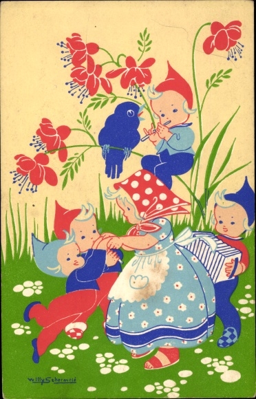 Artist PC Schermele, Willy, dwarfs, bird, flowers