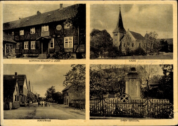 Postcard Gardessen near Cremlingen Lower Saxony, pub E. Goes, church, memorial